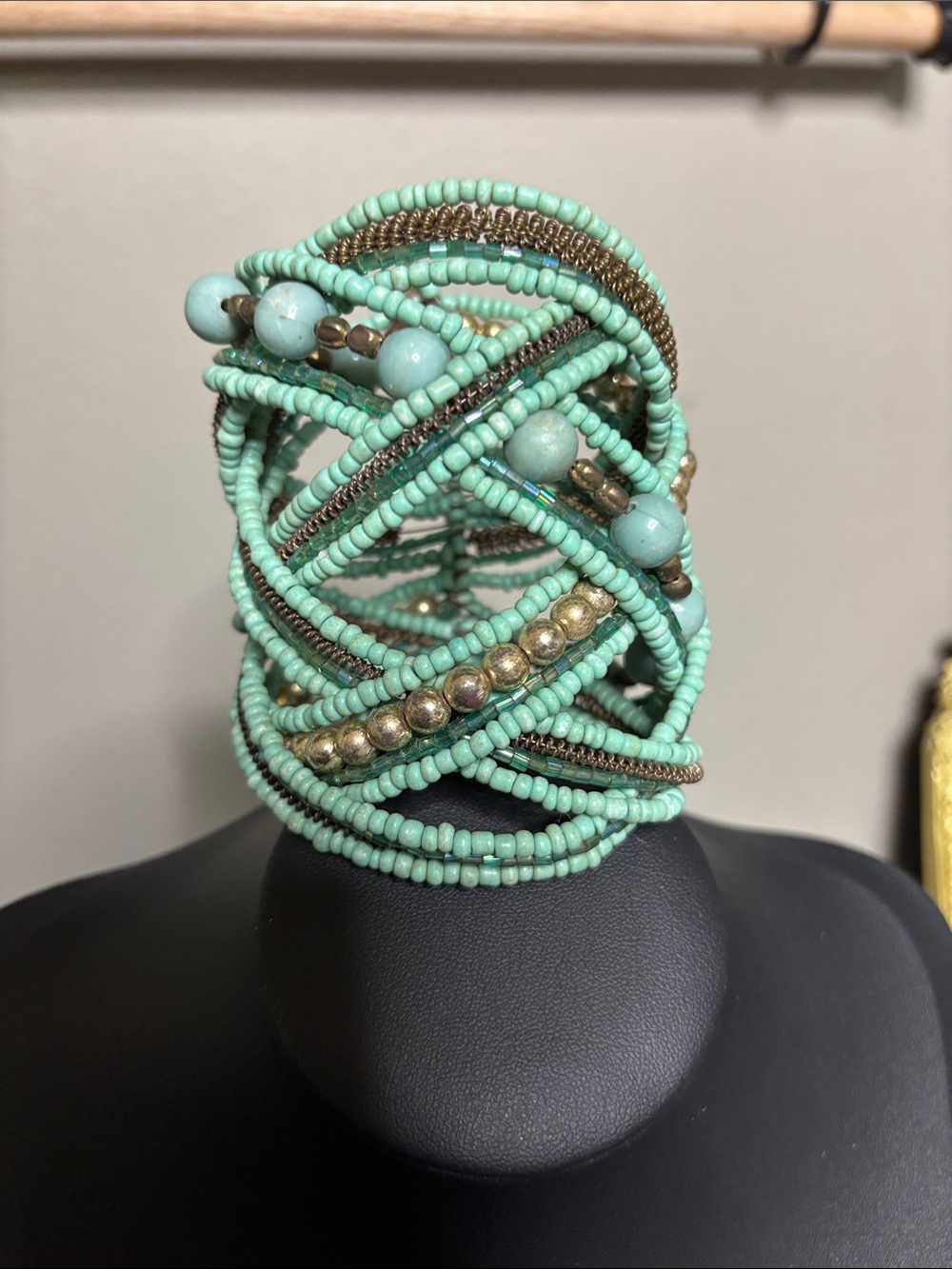 Mint Green Turquoise Stone Metal Beaded Wrap Bracelet Boho Statement